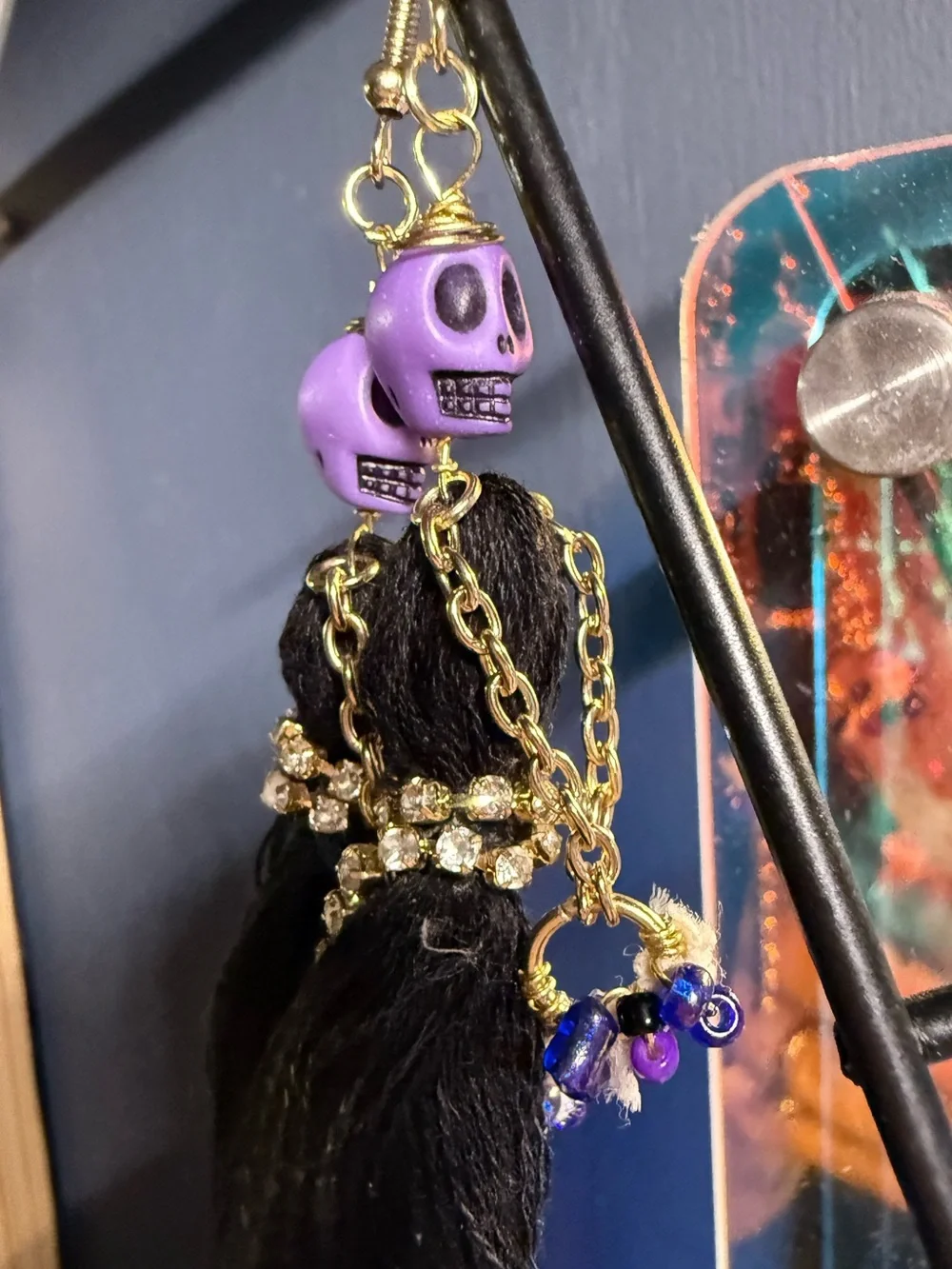 Handmade Purple Skull Tassel Earrings Gold Rhinestone Rhinestone Dangle Goth